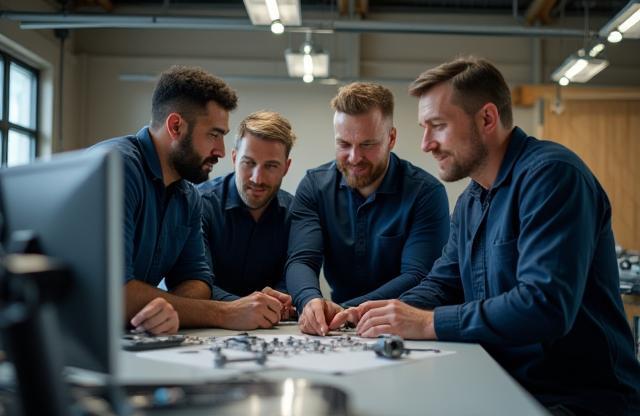 Componenti Bici Italia team reviewing component designs in the workshop.