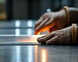 Hands inspecting raw metal material before manufacturing.
